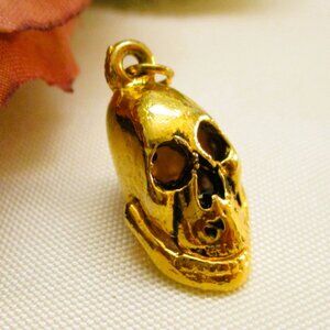 VINTAGE Gold Plated Articulated Skull Charm: Movable Jaw Skeleton Pendant